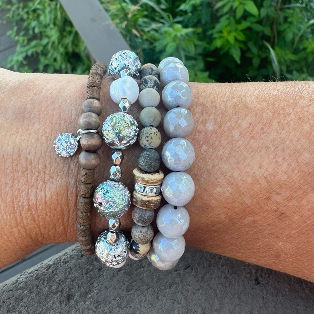 Beaded Bracelet Stack Set in Fall Colors grey brown neutrals Sparkle Accents - Picture 4 of 5